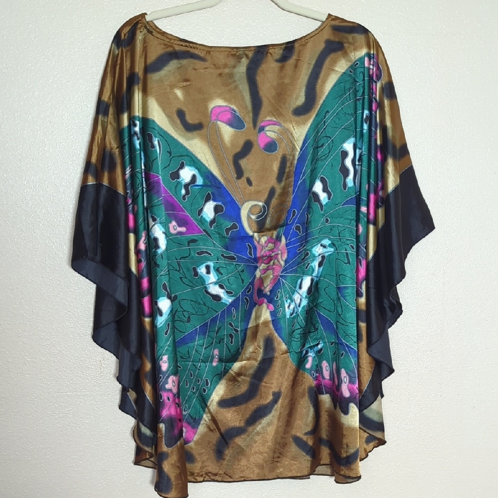Butterfly Print Women's Silky Poncho Size L